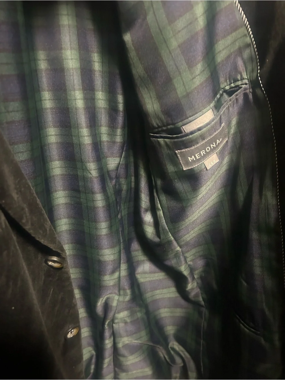 Merona Black Velvet Sport Coat with Tartan Lining